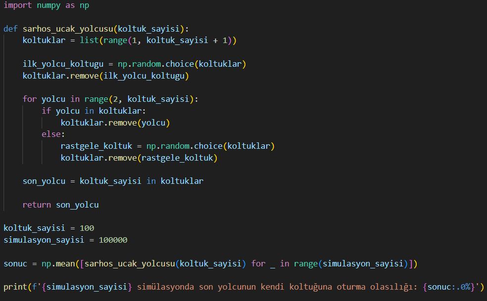 urazdev's tweet image. Cevabı Python'da simülasyon yaparak bulalım.

Cevap: 1/2 ya da %50