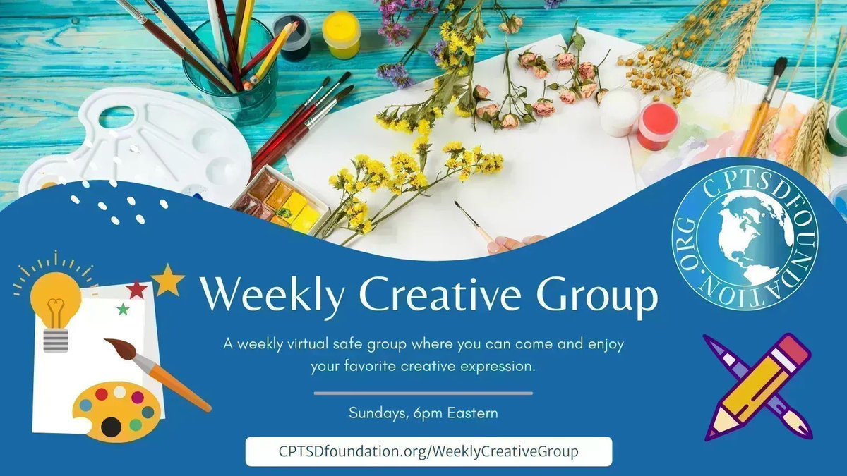 Join us in the Weekly Creative Group, on Sundays at 6pm Eastern. Be a part of a safe space where you can come and enjoy your favorite creative expression and interact with others. Learn more at buff.ly/3bnV4jB ⏰ Sundays, 6:00 PM EST #creative #creativity #cptsd #healing