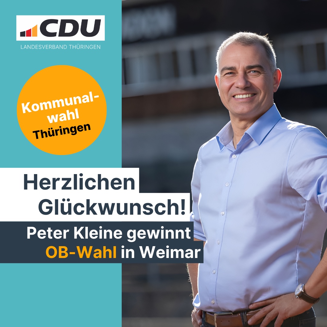 cdu_thueringen's tweet image. Es geht weiter: In Weimar gewinnt Peter Kleine die OB-Wahl deutlich. Herzlichen Glückwunsch! #cdu #kommunalwahl