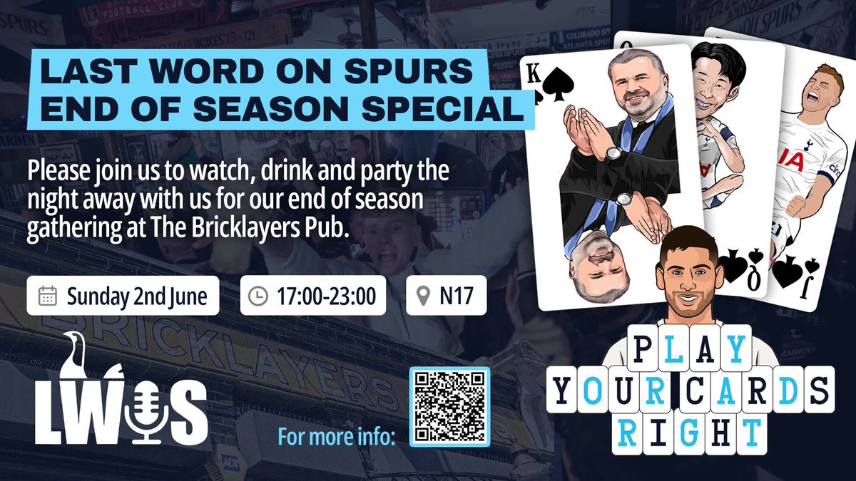 Delighted to be joining Team <a href="/LastWordOnSpurs/">Last Word On Spurs</a> for the end of season show this Sunday <a href="/BricklayersN17/">The Bricklayers Arms</a> 🔥

Playing live throughout…expect to hear all our <a href="/SpursSongSheet/">Spurs Song Sheet 🎶🏟 🤍💙Home of Tottenham Chants</a> stuff + Spurs classics…&amp; debut for the latest Stop Crying Arteta ;)

For tickets: 
lastwordonspurs@outlook.com