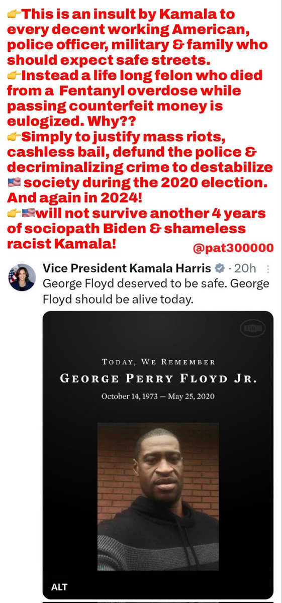 Marxist Democrat 2024 strategy is to convict Trump on fake charges, divide 🇺🇸 & steal another election. George Floyd is just another lie to destabilize 🇺🇸! Shameless & despicable. We will never how many people have been harmed by Marxist Democrat lunatic policies. It will be in