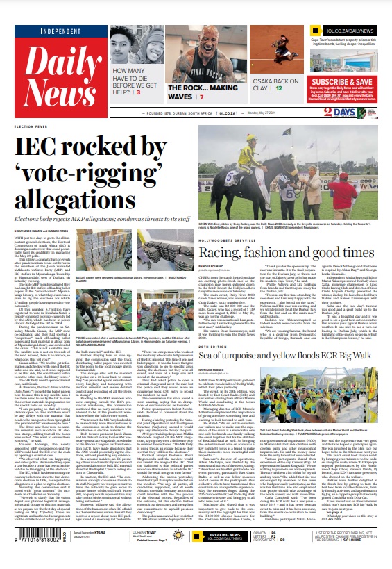 DailyNewsSA's tweet image. Our front page on May 27 #IEC #VoteRigging #KZN #DailyNews2000 #ECR #ECRBigWalk #Elections #Elections2024 #MKParty

iol.co.za/dailynews