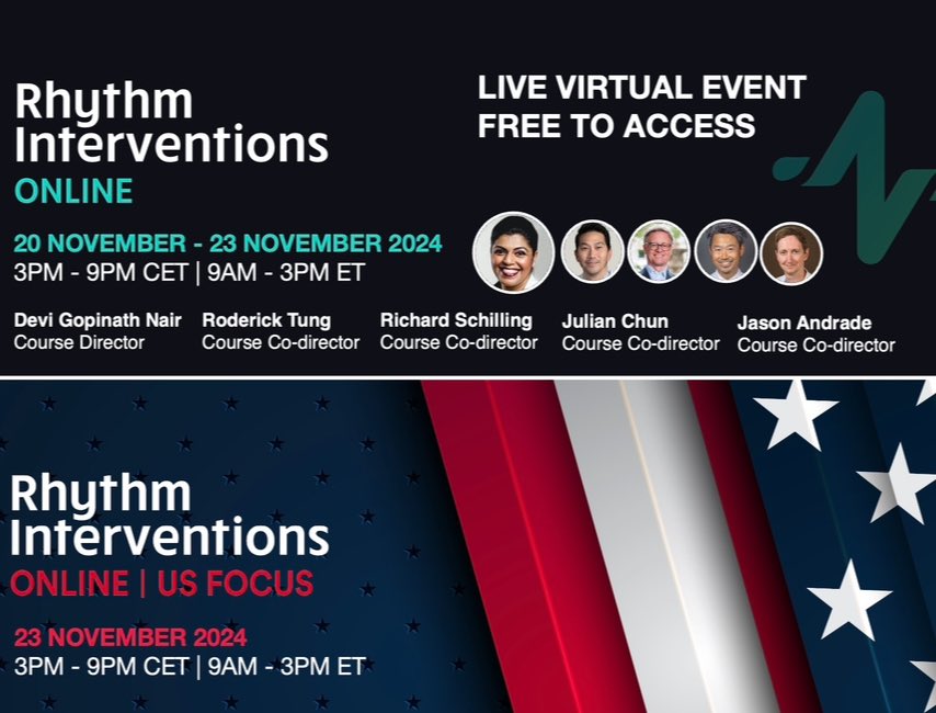 Rhythm Interventions Online 2024 4 days of CME accredited learning with this years “US Focus” day due to popular demand! We share representative and relatable cases designed to empower viewers led by @Drdevignair @DrRoderickTung @jongichun @Prof_Schilling @DrJasonAndrade