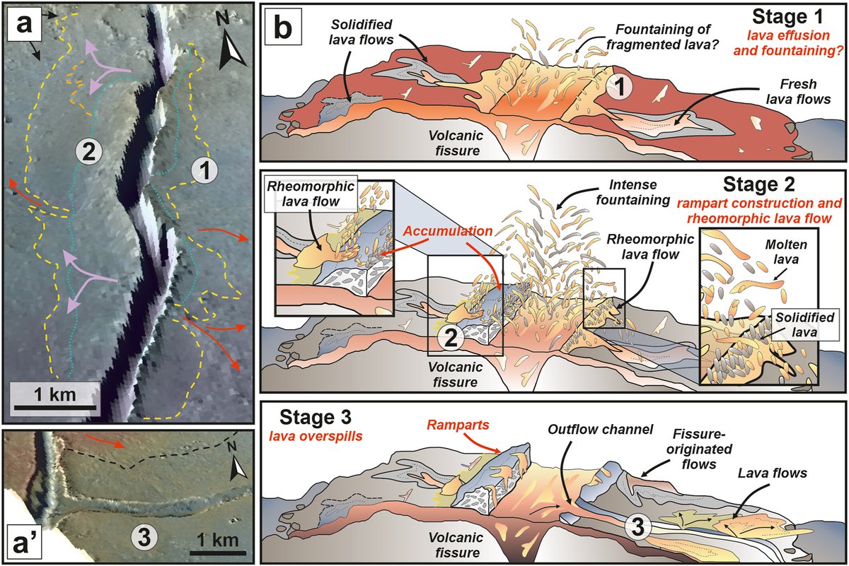 This week, we have a schematic figure displaying the eruption dynamics of a fissure system on Mars. Over time, the fissure evolves through three stages of eruption to create the lava flows, ramparts, and outflow channel features observed in orbital imagery. (1/2)