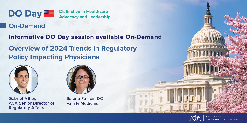 Register for DO Day On-Demand today, and you can watch the AOA's Gabriel Miller and Dr. Raines' session as they present current trends in payment and provider market shifts shaping policymaking and discussions among lawmakers plus much more! bit.ly/2RFDejN #DOProud #CME