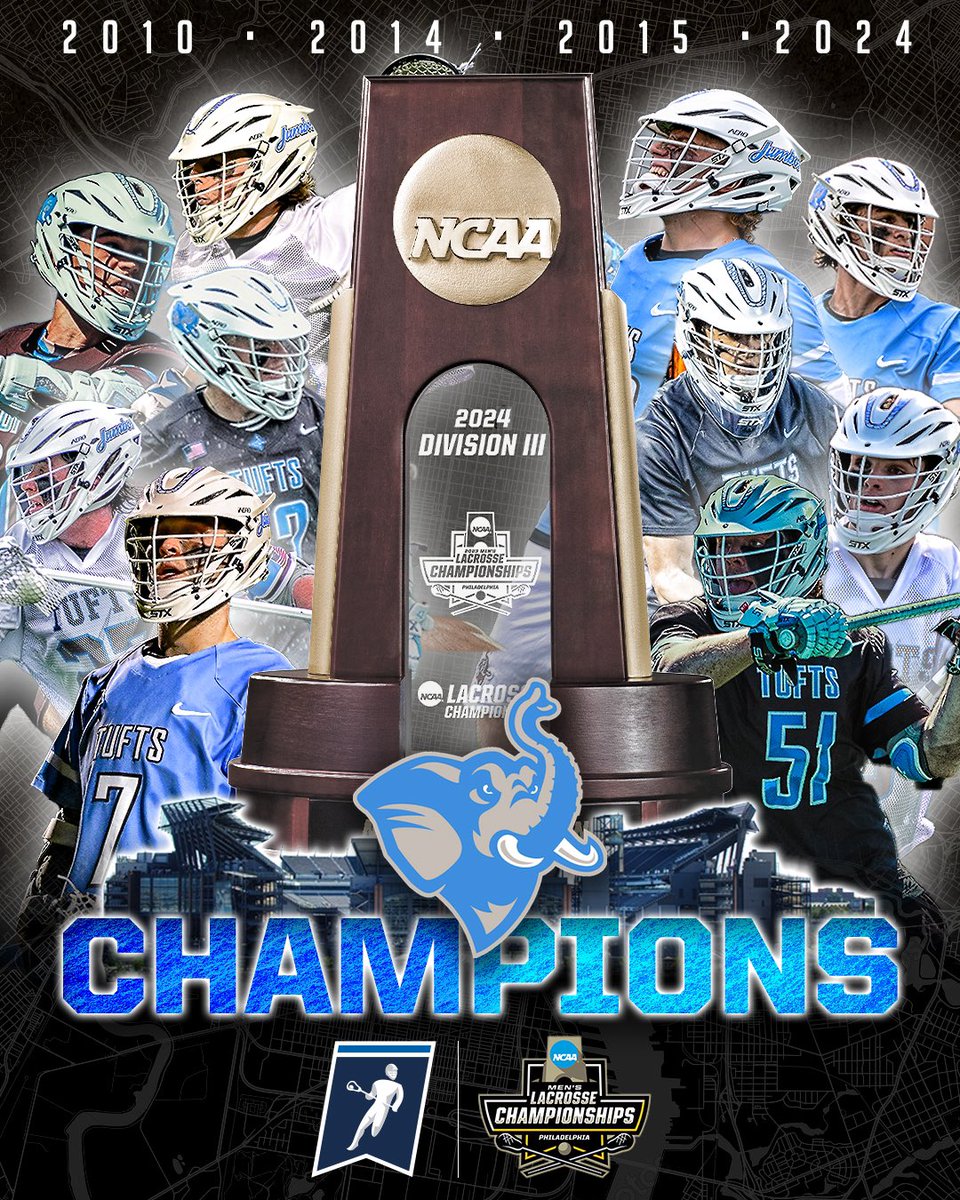 MLAX | 🏆 NATIONAL CHAMPIONS 🏆

18-14 win today in the title game over RIT for @tuftslacrosse and the Jumbos are now FOUR-TIME National Champions!! 

Go crazy #JumboNation, Philly is #BrownTown!! 

#JumboPride // #GoJumbos // #d3lax