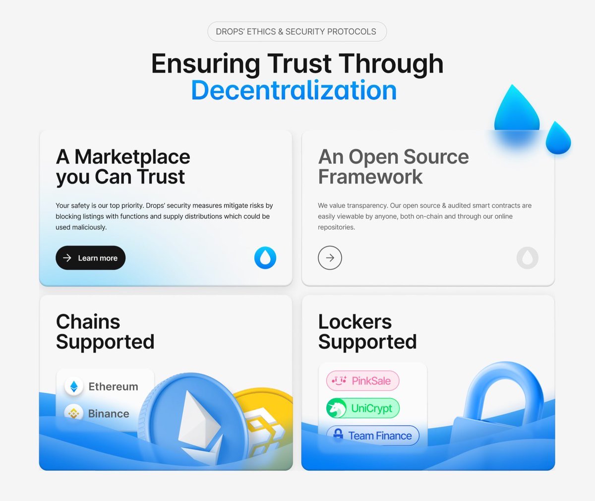 Not sure if your lock is supported for sale on the $DROPS Marketplace ? 

Users can now easily view all chains & supported locker platforms directly on our website drops.site 

Currently both #ETH & #BSC Chains are supported through the following locking platforms: