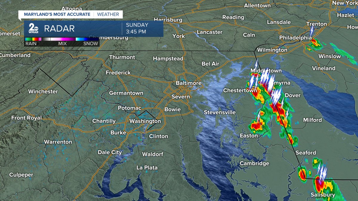 Strong showers and slow-moving thunderstorms are moving across the eastern shore into DE. Gusty winds, frequent lightning, and heavy rain are likely. The rest of Maryland is sunny and hot. #wmar #mdwx #storms