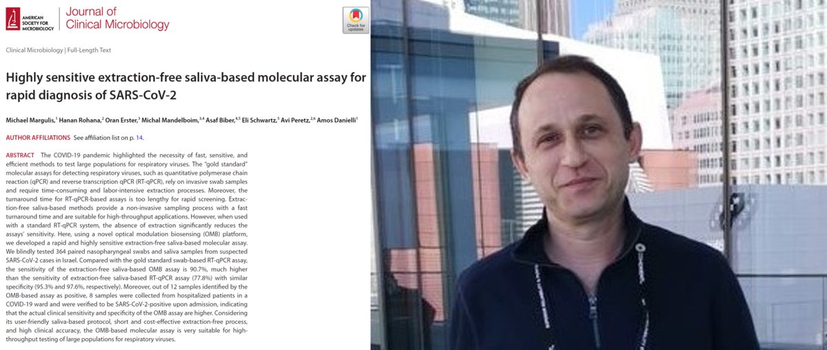 Danielli_Lab's tweet photo. Congratulations to our lab alumnus, Dr. Michael Marguils, for publishing his paper in "The Journal of Clinical Microbiology". The paper, 'Highly sensitive extraction-free saliva-based molecular assay for rapid diagnosis of SARS-CoV-2', can be found at DOI: https://t.co/ULaq1ZCiYK https://t.co/n1QZgdBiMM