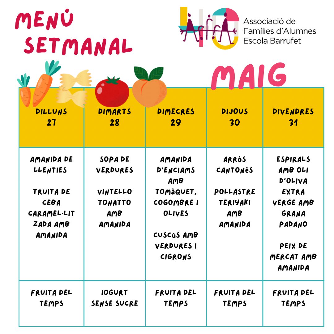 AfaBarrufet's tweet photo. Us compartim el menú setmanal de la propera setmana. A la web trobareu tots els menús disponibles: https://t.co/qpzlCuJrZS

Bon profit! 
🥗🍉🥒 https://t.co/kY1fyikHHw