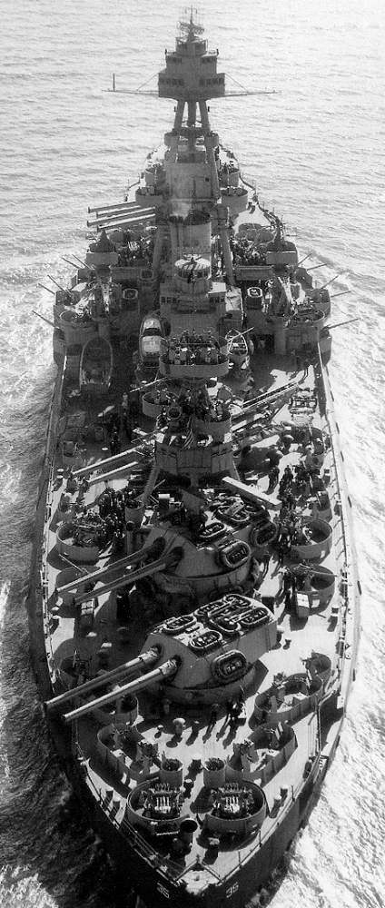 Texas (BB-35) Underway, 15 March 1943, all turrets are trained sharply to port.