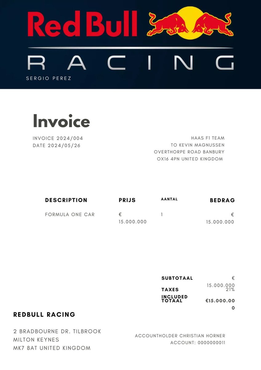 FJCVolmer's tweet image. Nice start of the race in @F1 this afternoon. After the race immediately worked on the invoice because the car of @SChecoPerez isn’t competitive for the next race anymore. @redbullracing @HaasF1Team #Keeplaughing #Jokes #Smile