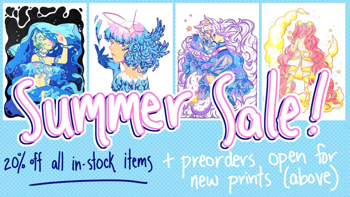 Cunning Fish, Harpy Mage, Celeste's Wish, and Innocent Spark are all available for preorder, to be shipped late June! 🌟All are  5x7 prints on holo flaked-finished light cardstock.

In addition, enjoy 20% off all in-stock items through June 1st, as a thank-you for your support!