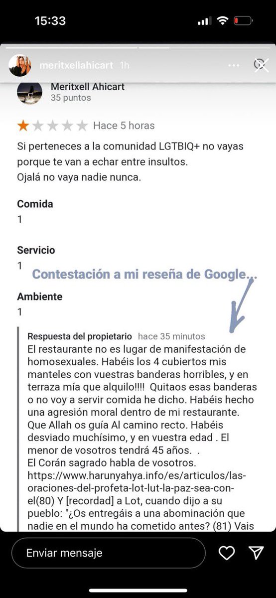 eduardomenoni's tweet photo. 🚨| ÚLTIMA HORA: Un grupo de gays que entró a un restaurante árabe en Valencia, España 🇪🇸 recibieron una dosis de realidad y fueron ECHADOS entre insultos. La respuesta del restaurante en la reseña de Google les dice que son “unos desviados”. ¿Seguirán gritando Palestina Libre? https://t.co/PHULZhgQiR