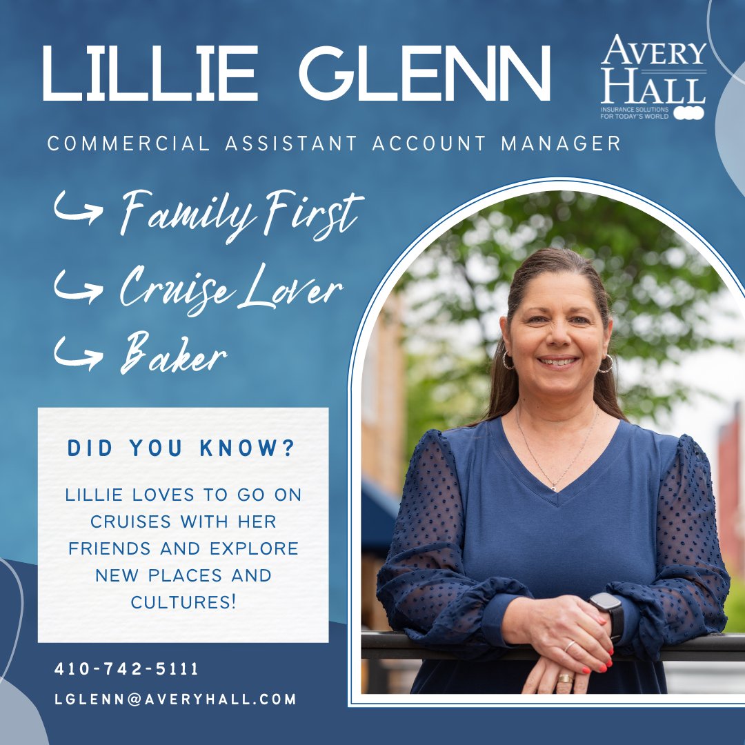 Meet Lillie Glenn, assistant account manger for our Commercial department in our Salisbury office! 🤩 Learn more about Lillie and her time at Avery Hall here: averyhall.com/staff/lillie-g… #meetourteam #familyfirst #cruiselover