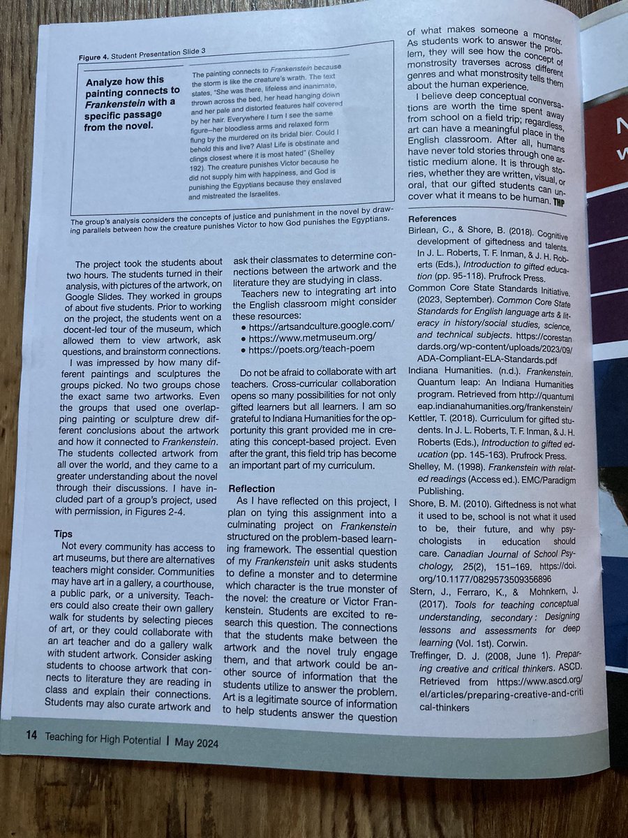 SherbakEnglish's tweet photo. I’m so excited that my article “Integrating Art and Literature on the Secondary English Classroom” was published in the May issue of the journal Teaching for High Potential! https://t.co/JDcAxcNC4H