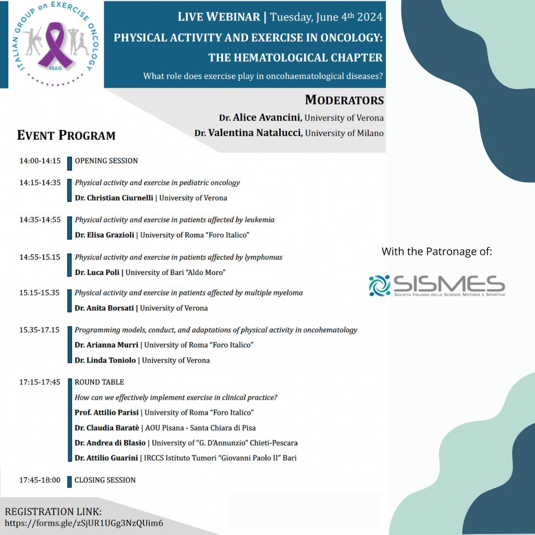 Il 4 Giugno si terrà il primo di un ciclo di Webinar su “Attività Fisica e Oncologia” Promosso dal Gruppo Italiano di Exercise Oncology (IGEO) e patrocinato dalla SISMeS.

Di seguito il link per registrarsi all’evento: forms.gle/zSjUR1UGg3NzQU…

Vi aspettiamo!!

#sismes2024