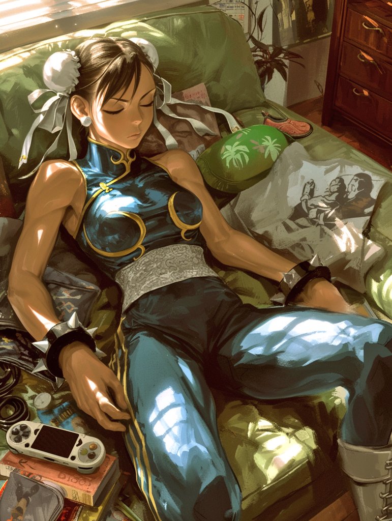 Do you like naps or do you just tough it out until is time for bed? 🛌 🫧 #AIArt #AIArtCommunity #niji #midjourney #chunli