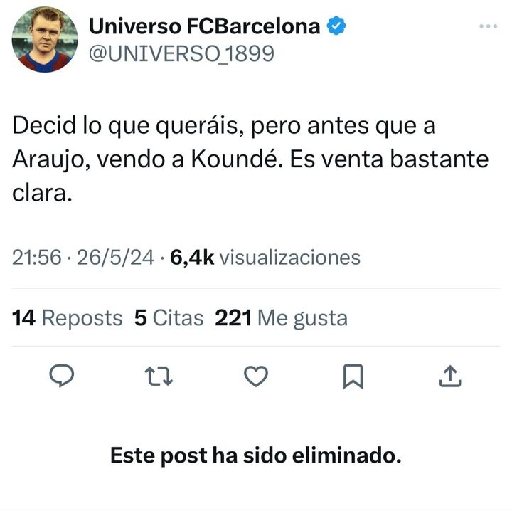 'Este post ha sido eliminado'

Decir que Kounde es venta cuando es el mejor central que tenemos junto a Araújo es digno de ser del Espanyol eh