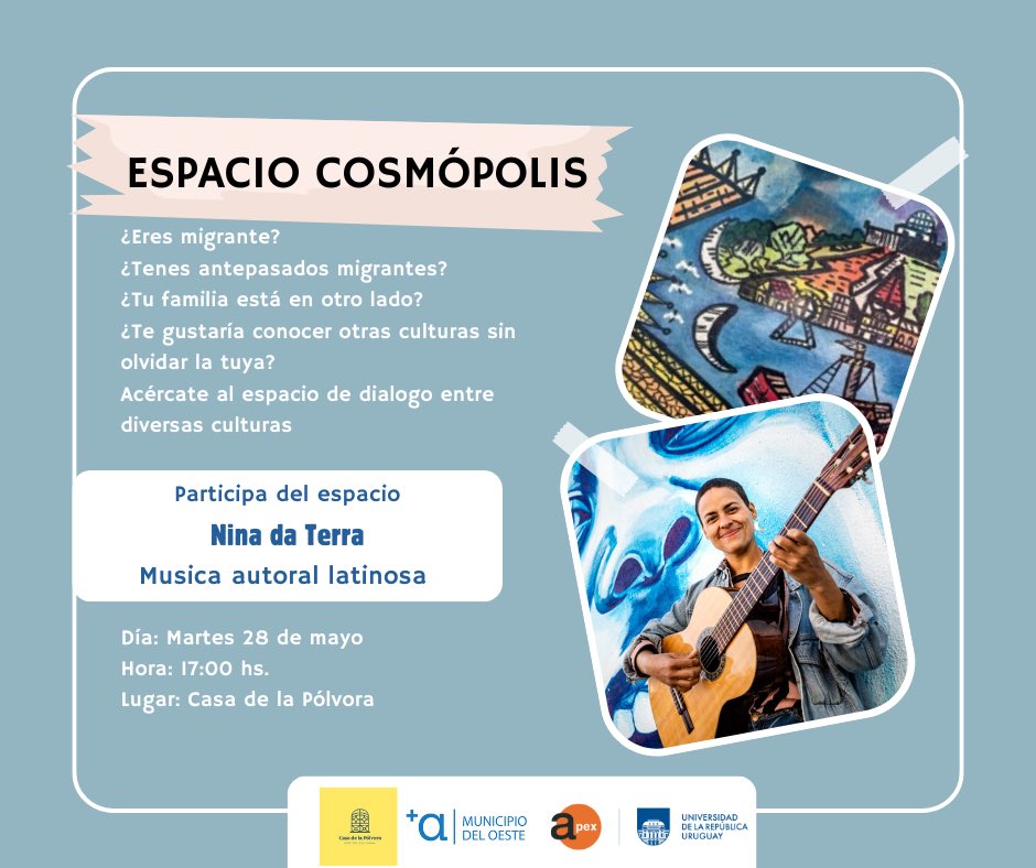 Este martes en el Espacio Cosmópolis estará <a href="/ninadaterra/">Ninadaterra</a>, música autoral latinosa.Martes 28 a las 17 horas en el Centro Cultural Casa de la Pólvora