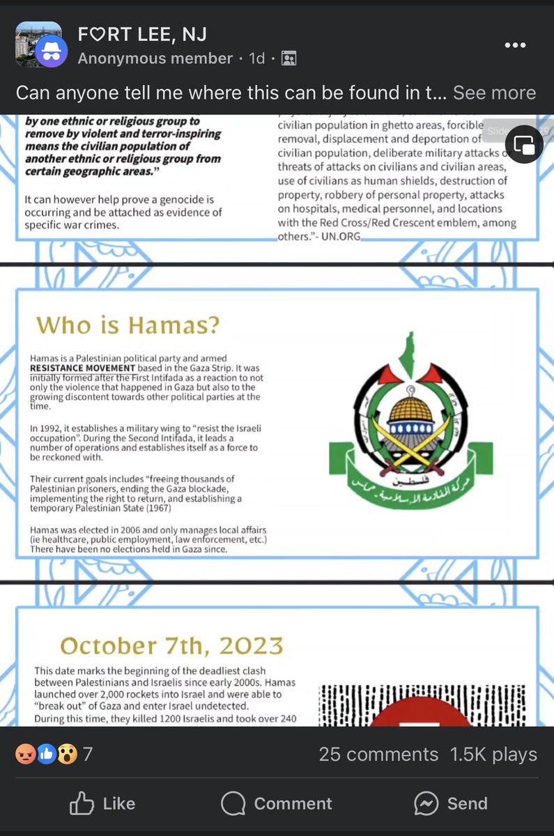 DavidSchorr's tweet photo. Disturbing that teachers at @FortLeeHS would teach distorted and revisionist history to push Hamas propaganda and fuel hatred within the young minds they’ve been charged with educating. They should be terminated. @MarkJSokolich 
@ShirionOrg @StopAntisemites https://t.co/2vPZUUPUuv