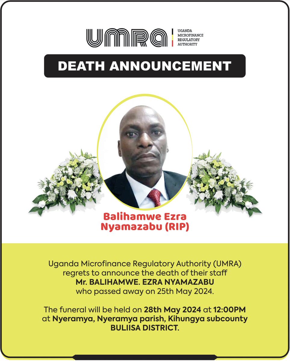 It is with great sorrow that we announce the death of our staff member, Mr. Balihamwe Ezra Nyamazabu. We extend our deepest condolences to his family, friends and colleagues. May His soul Rest in Eternal Peace.