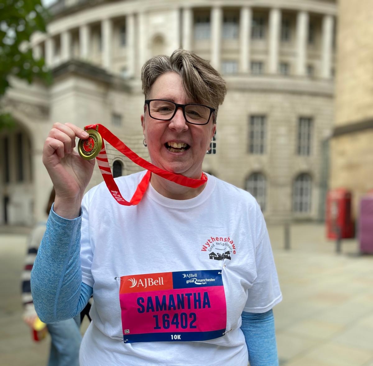 Sam has finished her 10k #GreatManchesterRun challenge and has received her medal! We are properly chuffed for her. Fantastic effort - and she's getting closer to her fundraising 🎯 - meaning we can help subsidise a day trip to the seaside for our Members. bit.ly/4bxRbFQ