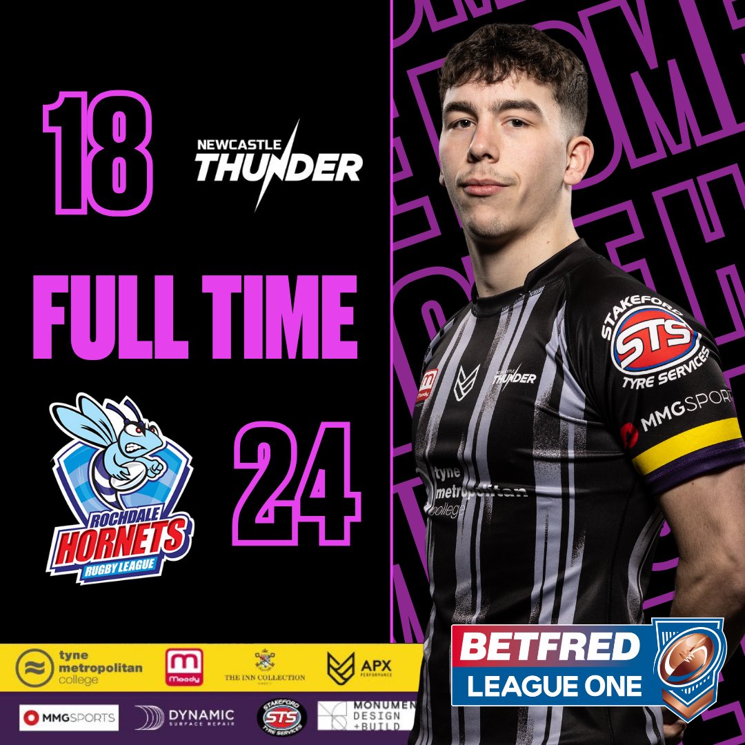 The big W eludes us still, but that’s a scoreline ⚡️THUNDER⚡️can be proud of. Huge thank you to everyone who came to show their support at our first home game in Gateshead, as well as our gallant visitors @RochdaleHornets 👏 #rugbyleague