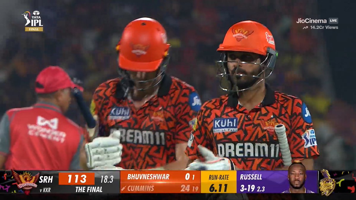 #IPL2024 #KKRvsSRH A fantastic bowling display by the Kolkata Knight Riders forces the Sunrisers Hyderabad to put up the lowest score in an IPL final. Hyderabad are bowled out for 113 after 18.3 overs. 📷 Jio Cinema Blog: scroll.in/field/1068382/