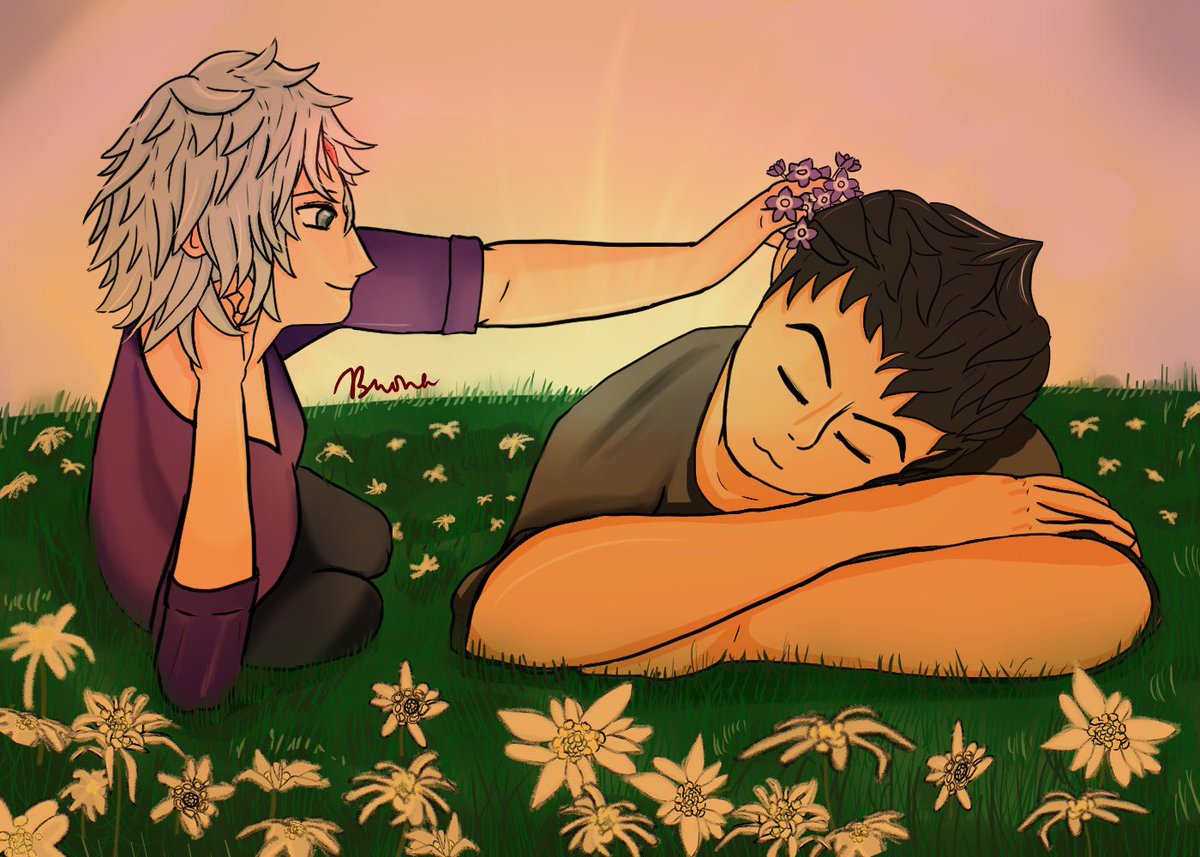 pretty neutral on some details but i’m still really proud of this so here, tada! jinmalos in a field of edelweiss while malos takes a nap and jin takes the heliotrope they had found on their walk over here and puts it behind malos’ ear