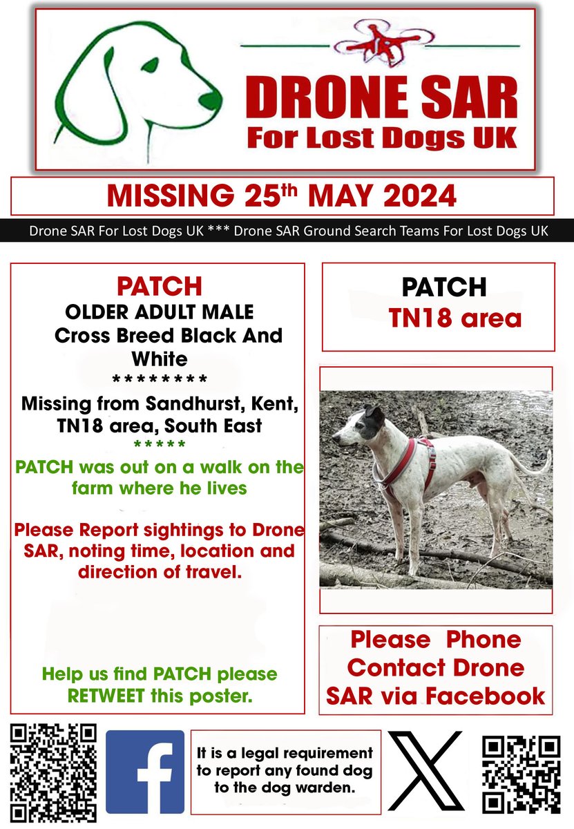#LostDog #Alert PATCH Male Cross Breed Black And White (Age: Older Adult) Missing from Sandhurst, Kent, TN18 area, South East on Saturday, 25th May 2024 #DroneSAR #MissingDog