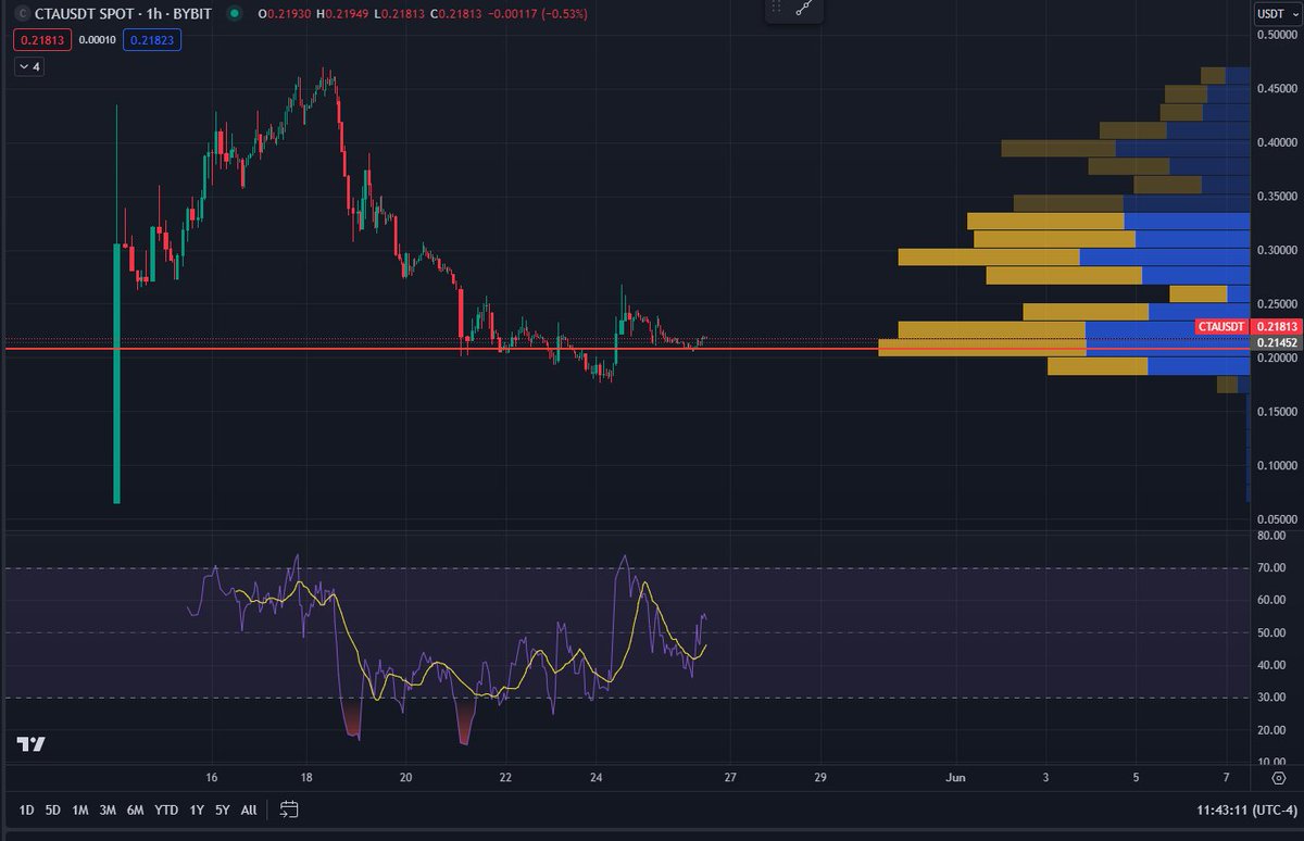 Sur Bybit, $CTA , @MrReGeM, @chlagousami ,@GamPops . Avec des volumes + important on voit un profil du prix différent.Le POC est à 0.214$ MAIS on voit d'autres belles zones de travail entre 0.30/0.35$ qui fait penser que bcp de holders sont à ce niveau de prix moyen d'achat.