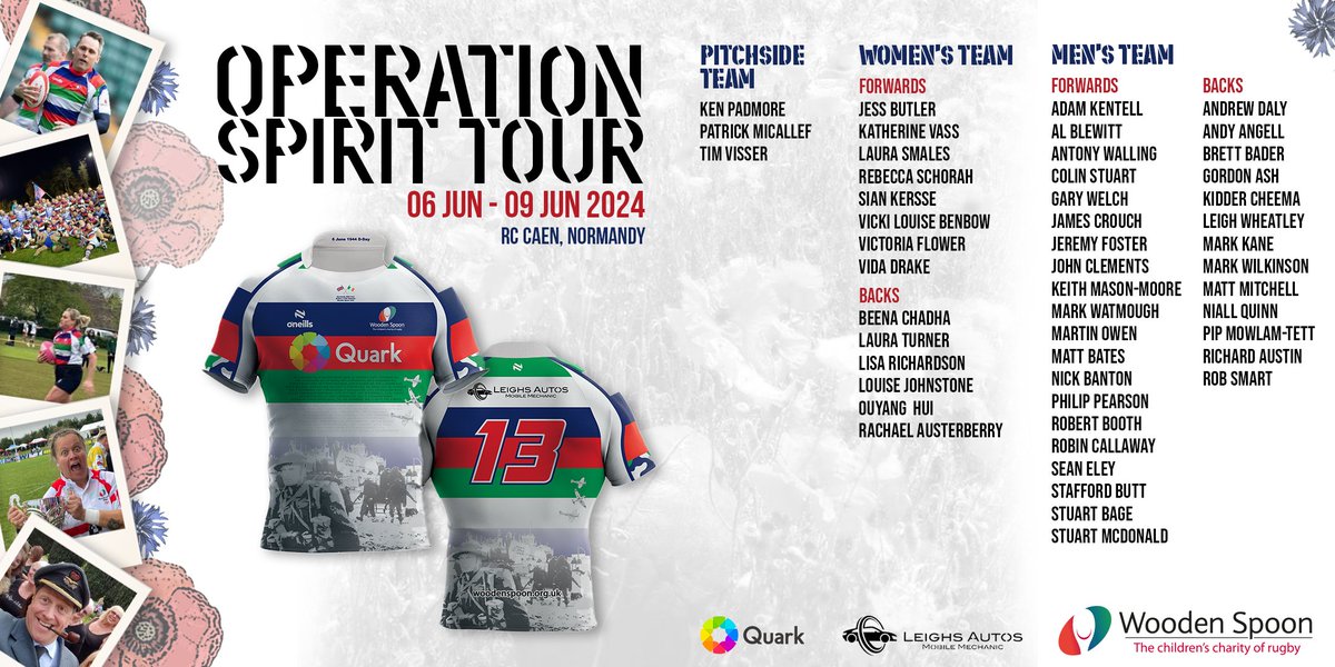 charityspoon's tweet photo. We're excited to announce that the British &amp; Irish Wooden Spoon Vets Men's and Women's Teams who are going on tour to RC Caen, Normandy to commemorate the 80th Anniversary of D-DAY! 

Leighs Autos | @ONeillsSportsUK | #QuarkSoftware  

#RugbyRemembers #DDay80 #WoodenSpoonVets https://t.co/qUmPVa1V6w