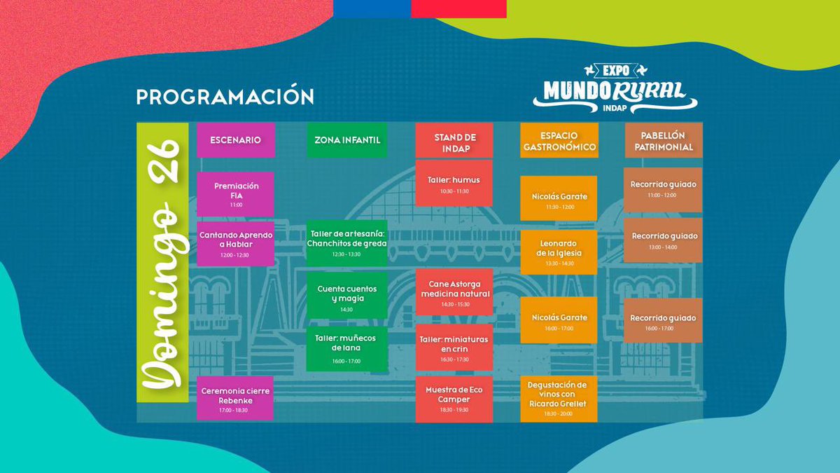 🚨Último día de la #expomundorural Revisa la programación 👇🏼 Te esperamos en la @EstacionMapocho hasta las 20:00hrs. Entradas en #PuntoTicket ⭐️