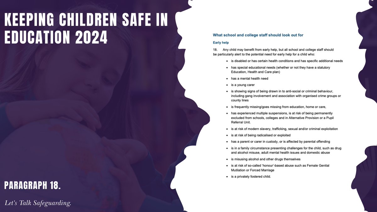 Revised early help triggers (para 18): Now includes education, home, and care. Focus on students with multiple suspensions or risk of exclusion, highlighting national concern and the need to view behaviour through a safeguarding lens. #Safeguarding #EarlyHelp #Education