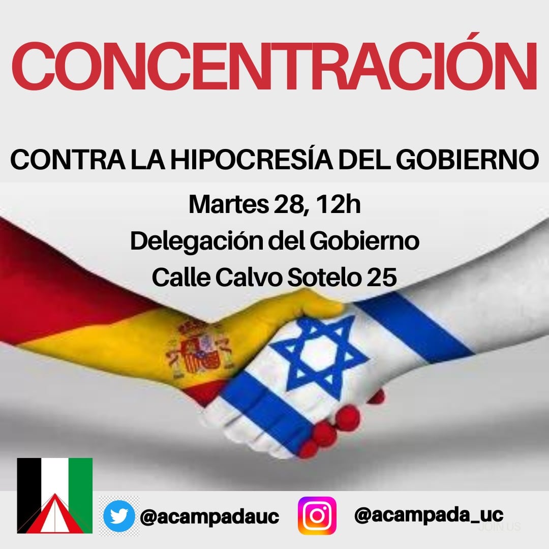 Este martes 28 salimos a la calle para denunciar la hipocresía de Sánchez, que mientras reconoce el estado de Palestina, sigue vendiendo armas a Israel con fines genocidas. A su vez, denunciamos la inacción del recorado de la UC, que se niega a tomar cartas en el asunto.