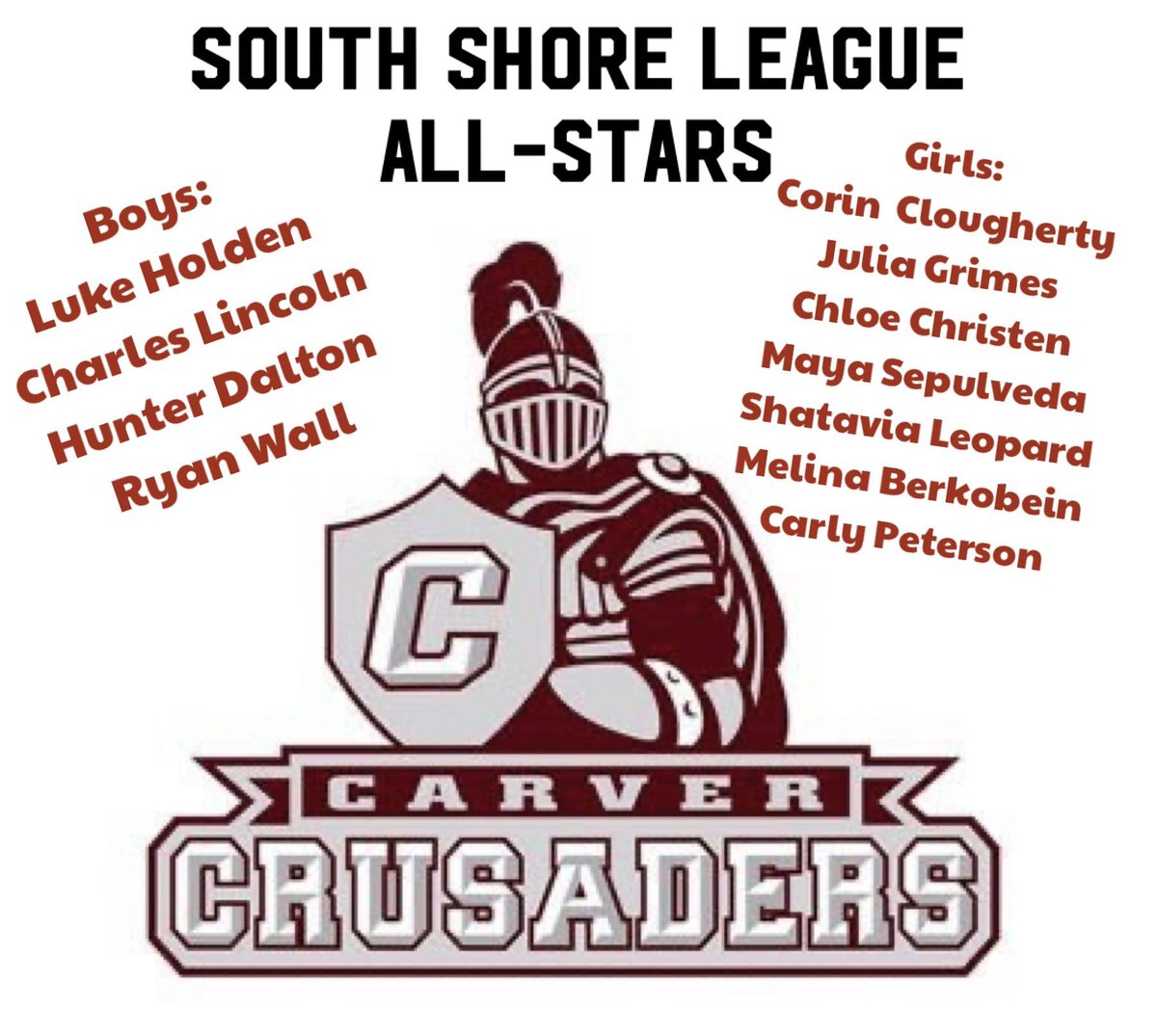📣🚨ANNOUNCEMENT🚨 📣 
✨Congratulations to the Carver Crusaders South Shore All-Stars Track &amp; Field Spring Season✨ <a href="/ChrisTrudeau13/">Chris Trudeau</a> <a href="/CarverCrusaders/">Carver Athletics</a> <a href="/Carverschoolsma/">Carver Public Schools</a>