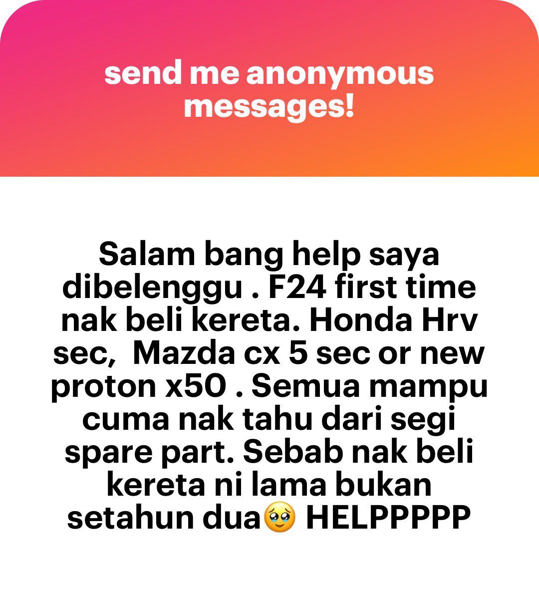 Beli keta baru. Tak kisah la harga berapa, janji baru.