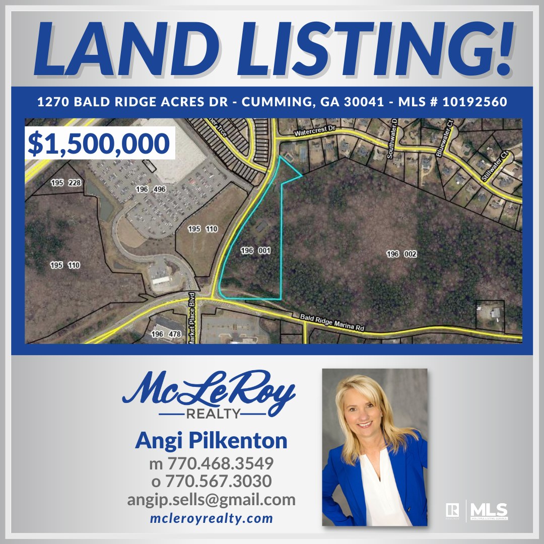 🌳 LAND LOT: Angi has 5.71 Acres with over 1,000 feet of road frontage on Bald Ridge Acres Drive listed. Property is currently zoned residential, but sits in a high-commercial, multi-family location. 🦅#cumming #forsythcounty #mcleroyrealty #buyland #realestate