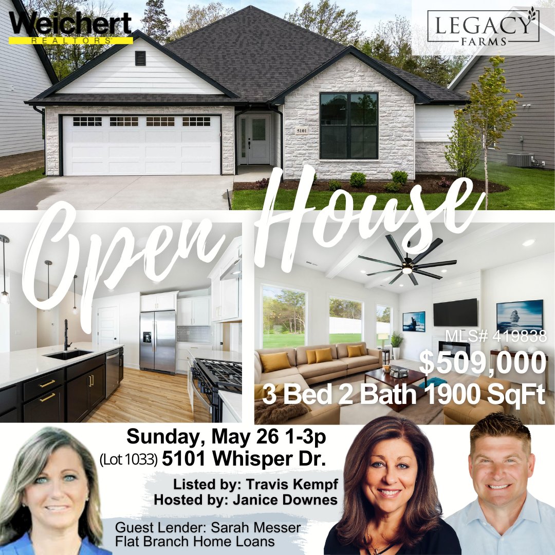 It's another great day for an Open House! Come see me today at 5101 Whisper Dr. in Legacy Farms or text 573-999-5962 to schedule a private showing of any of the brand new homes in Legacy Farms! #JMCHomes #LegacyFarms #OpenHouse #NewConstruction
janice-downes.weichertft.com/details.php?ml…