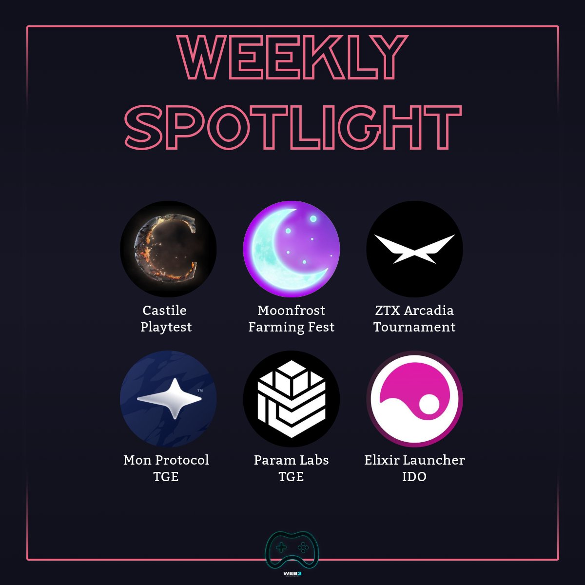 This week's agenda: Spotlight of the week.

<a href="/Castileofficial/">CASTILE</a> - Upcoming playtest on May 28
<a href="/MoonfrostGame/">Moonfrost - Wishlist Now! 💜</a> - Farming fest starts on May 29
<a href="/ZTXofficial/">ZTX</a> - Arcadia Tourna on May 27
<a href="/monprotocol/">MON Protocol 🐉 $MON</a> - TGE is coming this 27th
<a href="/ParamLaboratory/">Param Labs</a> - TGE on 29th
<a href="/Elixir_Games/">Elixir Games</a> - IDO on May 29th