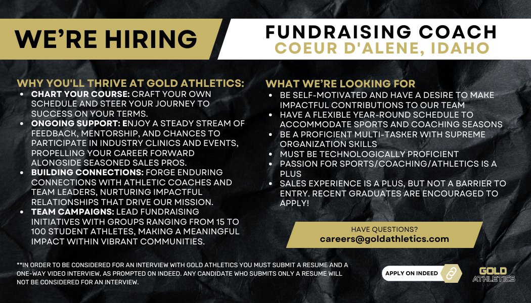 Join our team in Coeur d'Alene, Idaho and lead the way in fundraising for youth and high school sports! We're hiring a Fundraising Rep to help #RaiseTheGoldBar ⚽🌟#IdahoJobs #SportsFundraising #FundraisingRep Apply now! ow.ly/UhWY50RRGjK