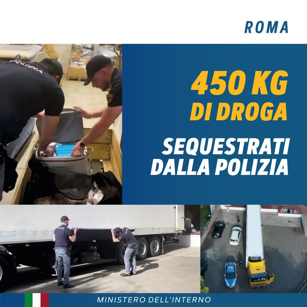 La @poliziadistato ha sequestrato nella Capitale 450 kg di stupefacenti, pronti per essere immessi sul mercato. 4 le persone tratte in arresto. Un risultato che testimonia ancora una volta l’impegno costante delle nostre Forze dell’Ordine nella lotta alla droga. Un’azione di