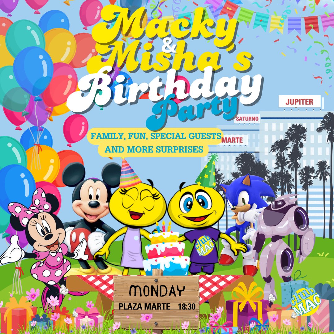 🎉🎈 Join us for Macky & Misha's Birthday Bash! 🎈🎉

🐾 Monday, Club Mac, Marte Square, 6:30 PM

Celebrate with fun, music, & special treats:
🎂 Cake
🎁 Games & surprise guests
🥳 Music
📸 Photo Call with Macky & Misha

#BirthdayBash #ClubMac #MackyAndMisha #CelebrateWithUs