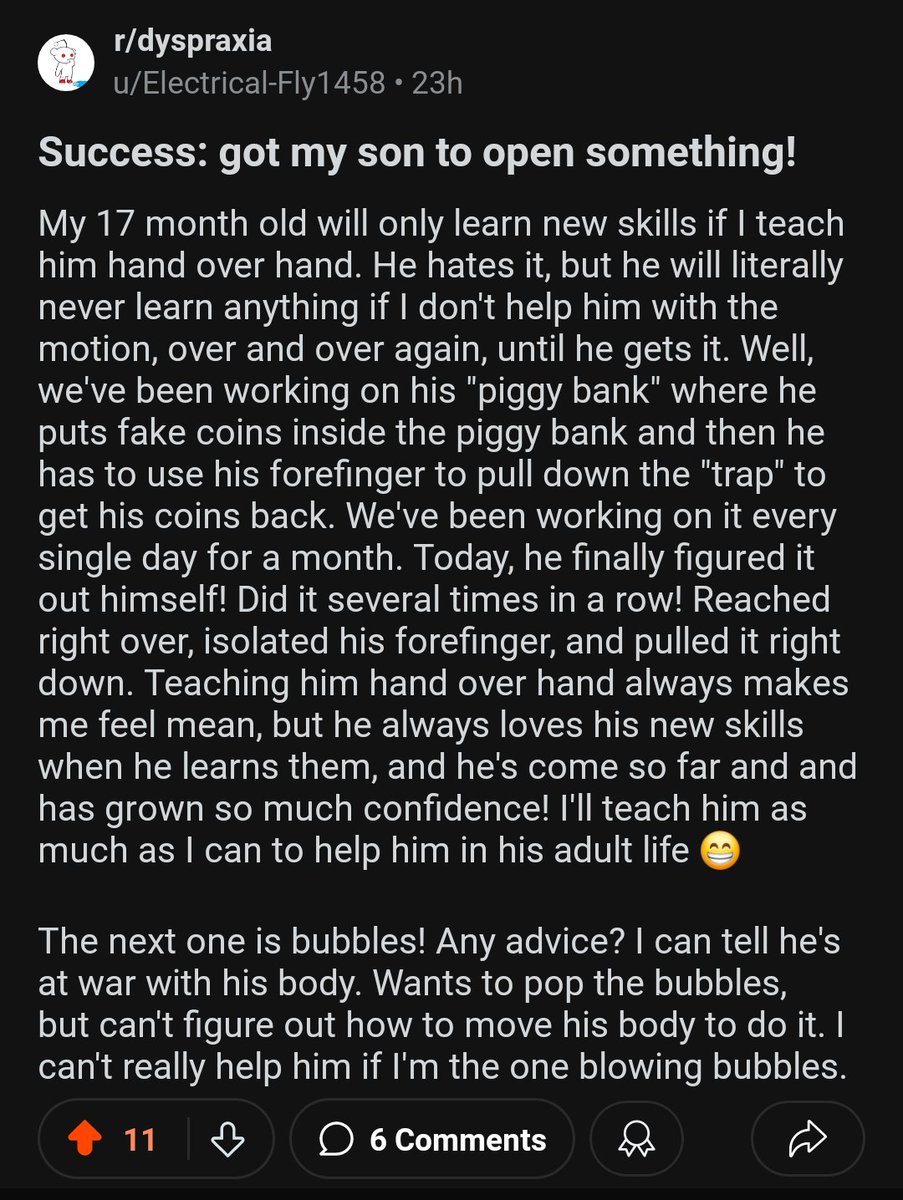 Still kinda happy with the decision to frequent r/dyspraxia bc I love seeing posts like this 🥹

Just nice to see kids like me also having great parents like this