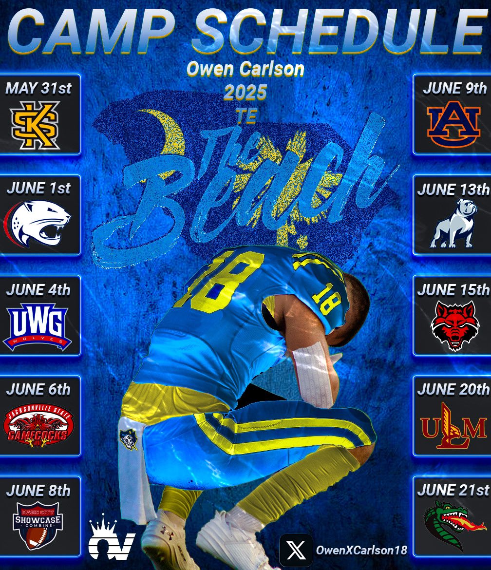 Owen Carlson 2025 TE (@owencarlson88) on Twitter photo My Camp Schedule is LOCKED IN❗️
Let’s get to work❗️
Thank you for the invitations❗️
<a href="/CollegiateMb/">Myrtle Beach Collegiate Post-Grad Academy</a> <a href="/MrNoOffseason/">Coach R. Williams</a> <a href="/CoachL__/">Coach L</a> <a href="/CoachCookKSU/">Stewart Cook</a> <a href="/CoachK_Skierski/">Kyle Skierski</a> <a href="/CoachRudyG/">Coach Rudy Griffin</a> <a href="/Calhoun__23/">Taveze Calhoun</a> <a href="/barringtonb16/">Barry Brown</a> <a href="/NYSEandeasy/">Michael Nysewander</a> <a href="/B_Aigamaua/">Ben Aigamaua</a> <a href="/PeterRenkoski/">Peter Renkoski</a> <a href="/CoachNickGrimes/">Nick Grimes</a> <a href="/bradyvincent_/">Coach Brady Vincent</a> <a href="/ReillyJeffers/">Reilly Jeffers</a> My Camp Schedule is LOCKED IN❗️
Let’s get to work❗️
Thank you for the invitations❗️
<a href="/CollegiateMb/">Myrtle Beach Collegiate Post-Grad Academy</a> <a href="/MrNoOffseason/">Coach R. Williams</a> <a href="/CoachL__/">Coach L</a> <a href="/CoachCookKSU/">Stewart Cook</a> <a href="/CoachK_Skierski/">Kyle Skierski</a> <a href="/CoachRudyG/">Coach Rudy Griffin</a> <a href="/Calhoun__23/">Taveze Calhoun</a> <a href="/barringtonb16/">Barry Brown</a> <a href="/NYSEandeasy/">Michael Nysewander</a> <a href="/B_Aigamaua/">Ben Aigamaua</a> <a href="/PeterRenkoski/">Peter Renkoski</a> <a href="/CoachNickGrimes/">Nick Grimes</a> <a href="/bradyvincent_/">Coach Brady Vincent</a> <a href="/ReillyJeffers/">Reilly Jeffers</a>
