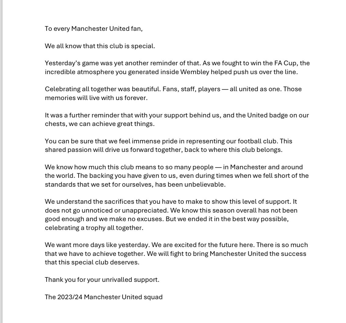 Man Utd squad pen open letter to fans #mufc