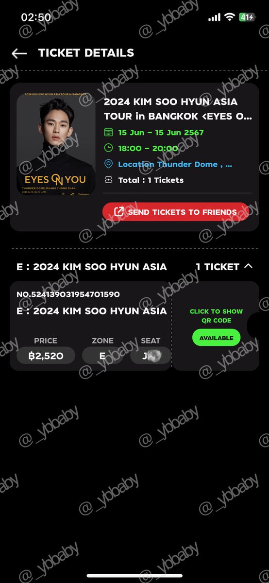 _ybbaby's tweet photo. [WTS] เพื่อนฝากขายค่า 2024 KIM SOO HYUN ASIA TOUR in BANGKOK <EYES ON YOU>
🪻โซน E (สีน้ำตาล) แถว J ตรงกลาง
🪻บัตรรวมค่าธรรมเนียม 2580 + ค่าจ้างร้านกด 500฿
🪻บัตรเป็น QR Code นัดโอน+จ่ายเงินได้โซนพระราม 2 ค่า
☘️ DM นะคะ ☘️

#KIMSOOHYUN #EYESONYOU #2024KIMSOOHYUNASIATOURINBANGKOK https://t.co/WxoWYgZt5r
