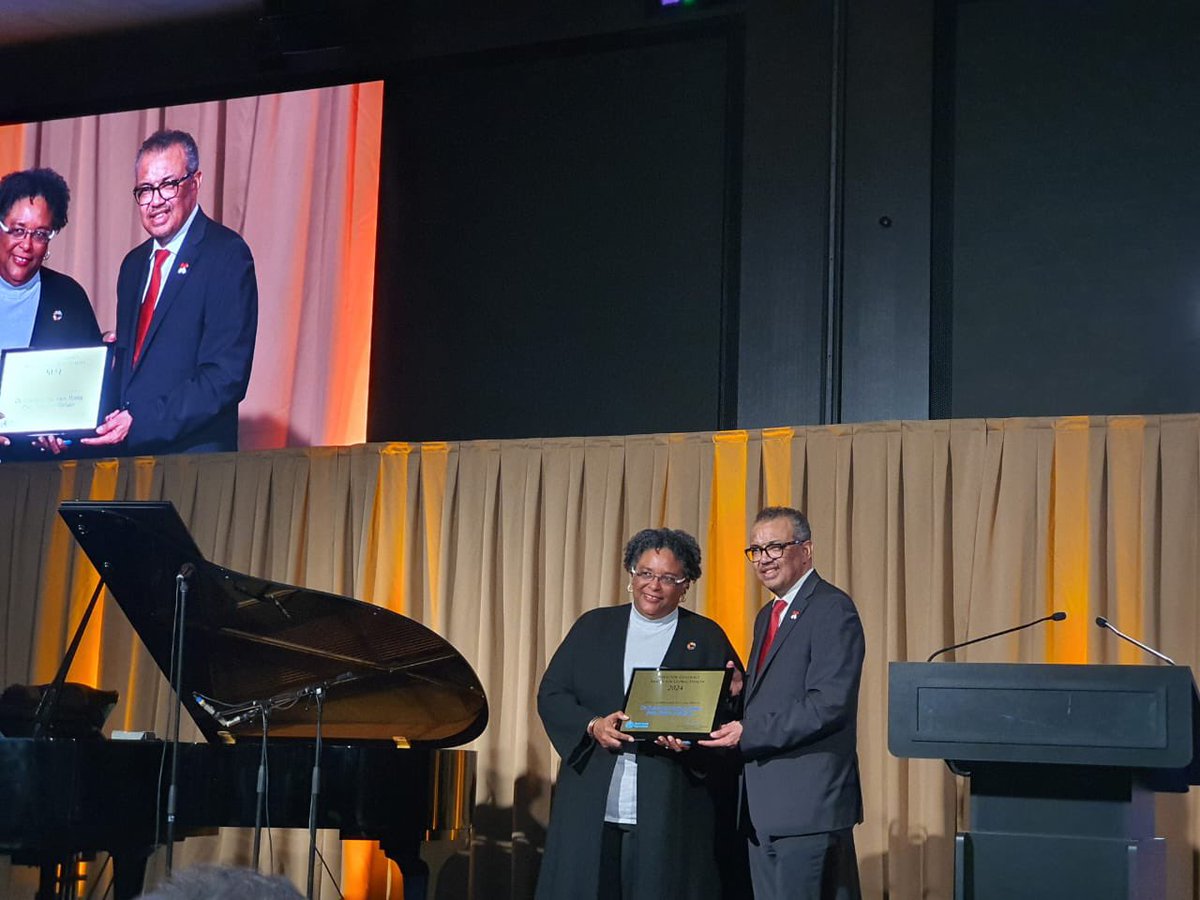 Congratulations to Prime Minister of Barbados Mia Motley @miaamormottley on receiving the Lifetime Achievement Award from DG @DrTedros Powerful & personal call to action to fund @WHO and support our mission to serve our Member States in achieving #HealthforAll #WHOImpact