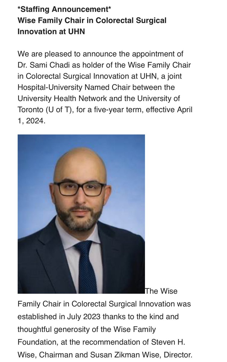 The Wise Family Chair in Colorectal Surgical Innovation! - extremely grateful to @UofTSurgery @UHN @UHN_Surgery and the Wise Family Foundation to be appointed to this inaugural position! Very excited for everything we will be able to accomplish @uhncolorectal